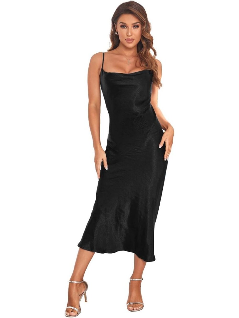 Chic Satin Silk Spaghetti Strap Midi Dress - Cowl Neck Party & Evening Wear